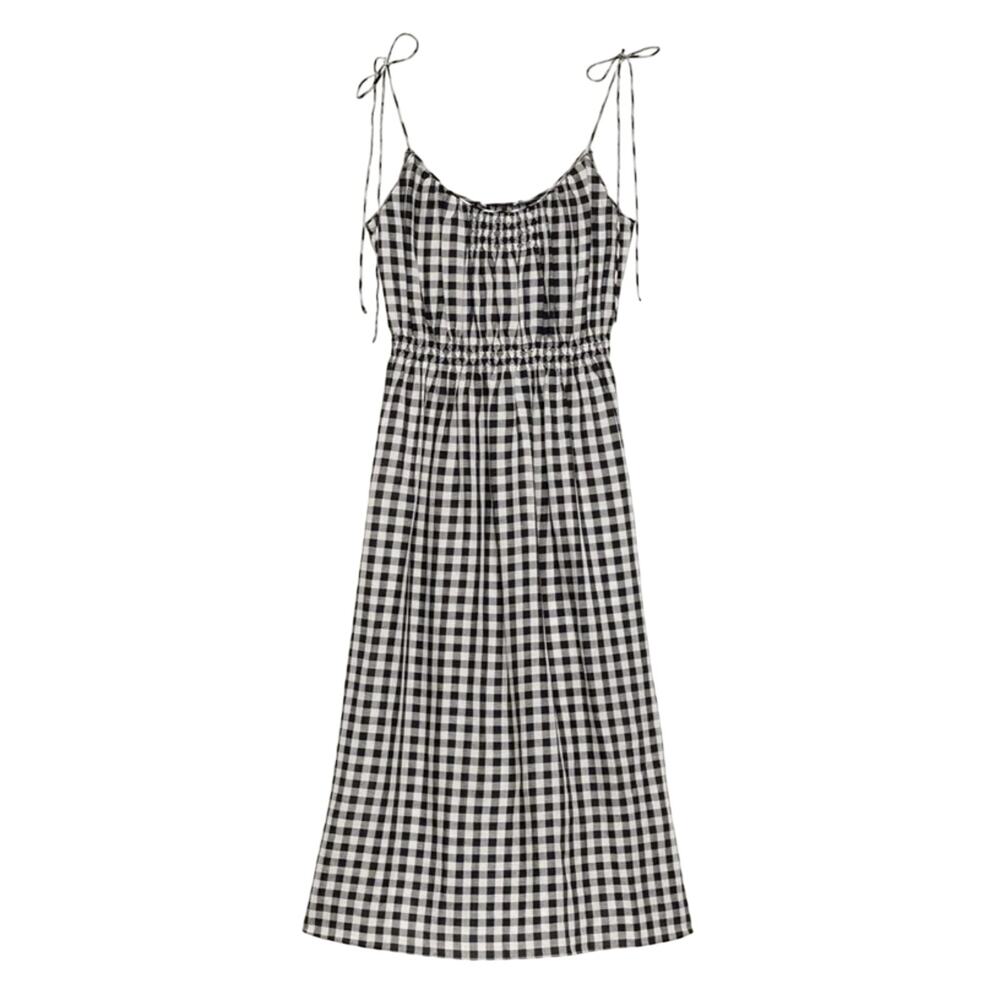 NWT Doen Leslie Linen Tie Strap A Line Midi Dress Marilyn Gingham Black White - Picture 14 of 15